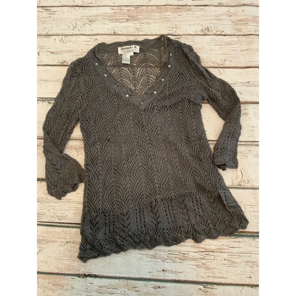 Joseph A Womens Grey Crochet Knit Top Lurex Metallic V-Neck Bell Sleeveโ Large
